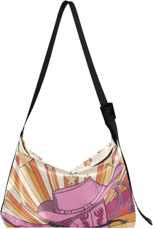 Cowgirl Boots and Hat Hobo Crossbody Bags for Women Leather Large Shoulder Bag Cross Body Trendy Womens Tote Bags Handbag for Travel Shopping