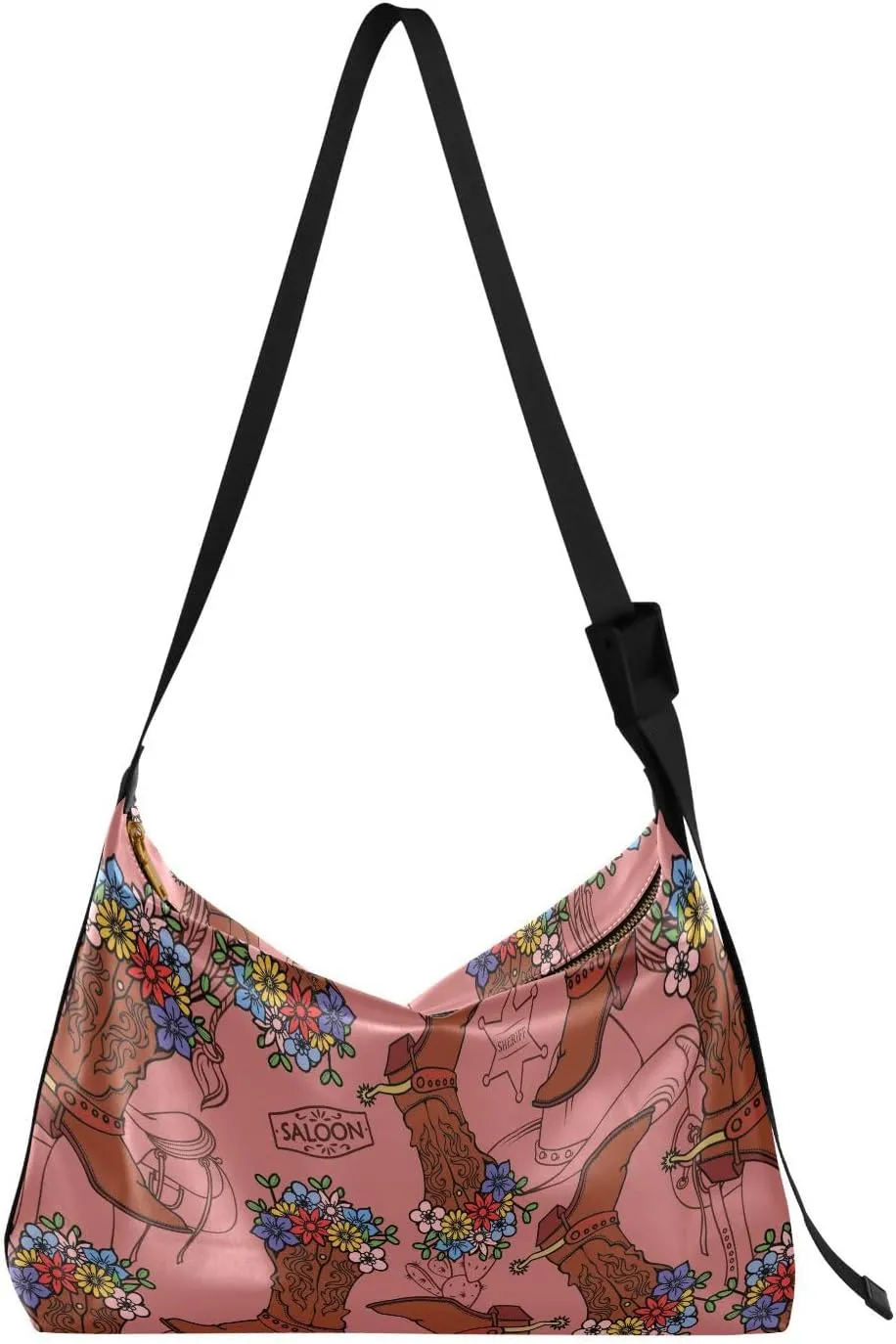 Cowgirl Boots with Flowers Hobo Crossbody Bags for Women Leather Large Shoulder Bag Cross Body Trendy Womens Tote Bags Handbag for Travel Shopping