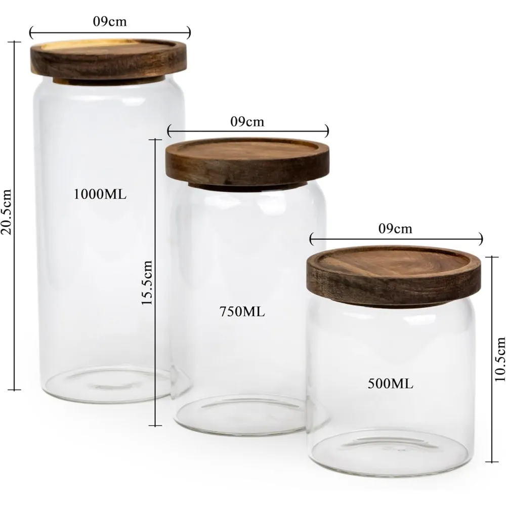 Cuisine Art Round Glass Storage Jars with Acacia Wood Lids -Set of 3 Transparent Borosilicate Airtight Glass Container, Stackable for Storing Kitchen Food, Grains, Coffee Beans, Tea 500 750 1000ml