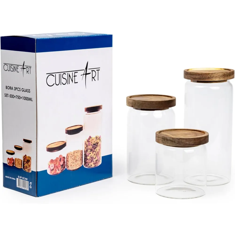 Cuisine Art Round Glass Storage Jars with Acacia Wood Lids -Set of 3 Transparent Borosilicate Airtight Glass Container, Stackable for Storing Kitchen Food, Grains, Coffee Beans, Tea 500 750 1000ml
