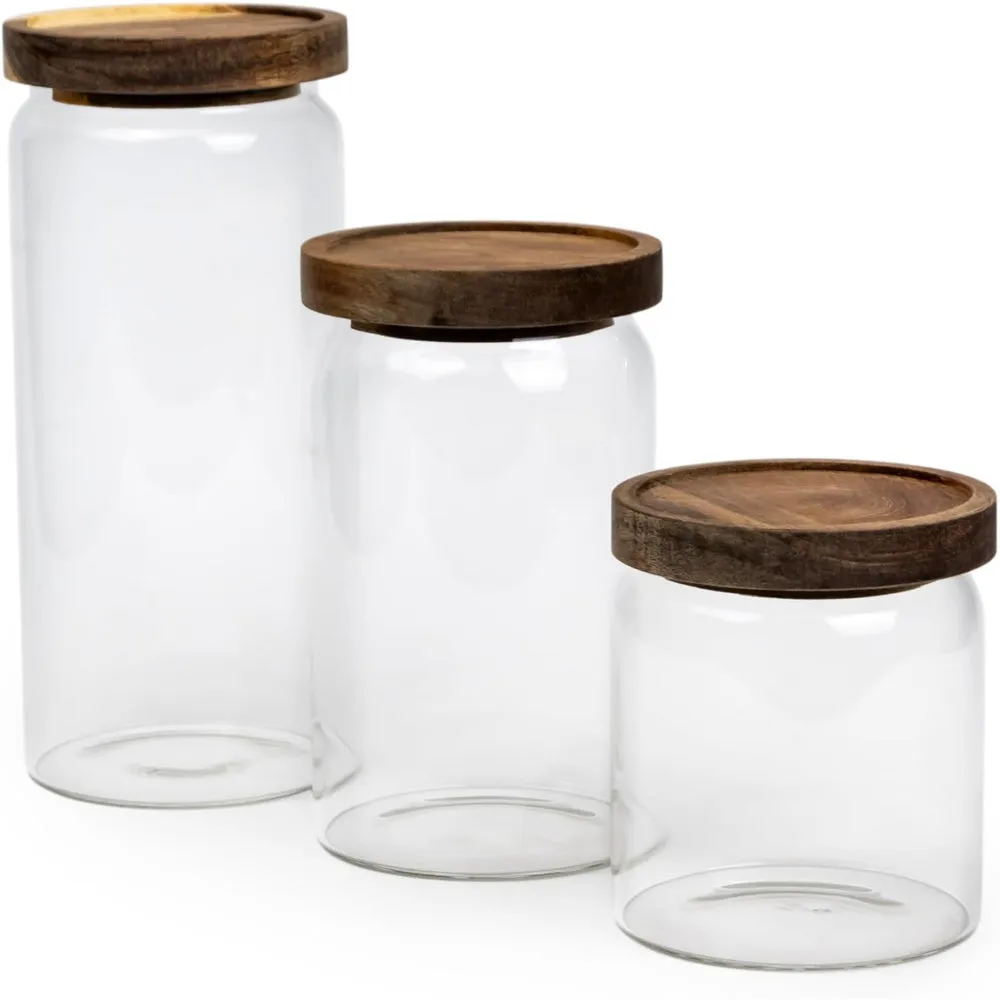 Cuisine Art Round Glass Storage Jars with Acacia Wood Lids -Set of 3 Transparent Borosilicate Airtight Glass Container, Stackable for Storing Kitchen Food, Grains, Coffee Beans, Tea 500 750 1000ml