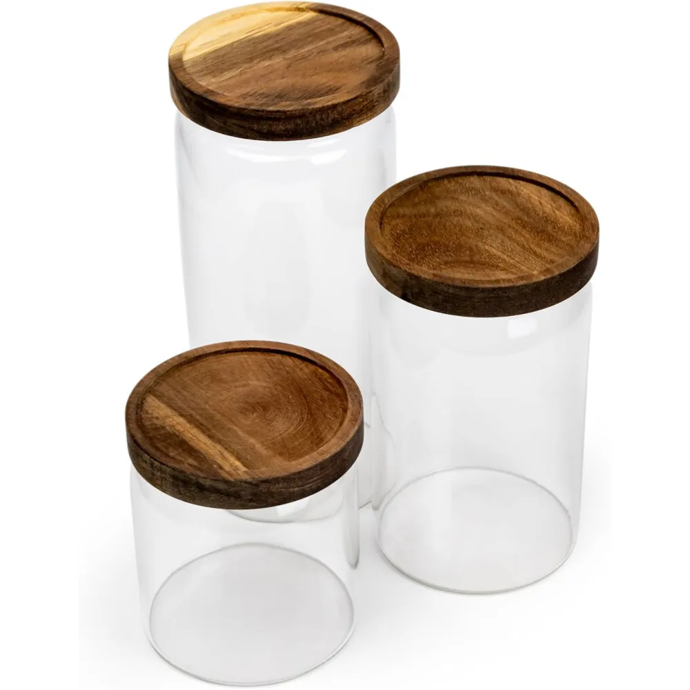 Cuisine Art Round Glass Storage Jars with Acacia Wood Lids -Set of 3 Transparent Borosilicate Airtight Glass Container, Stackable for Storing Kitchen Food, Grains, Coffee Beans, Tea 500 750 1000ml