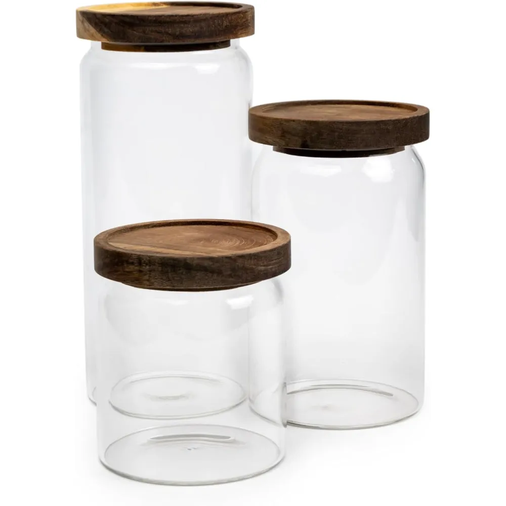Cuisine Art Round Glass Storage Jars with Acacia Wood Lids -Set of 3 Transparent Borosilicate Airtight Glass Container, Stackable for Storing Kitchen Food, Grains, Coffee Beans, Tea 500 750 1000ml