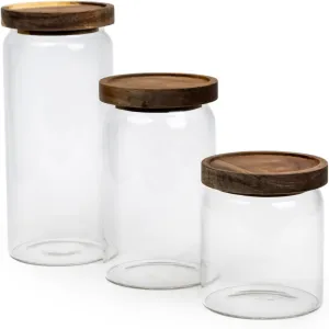 Cuisine Art Round Glass Storage Jars with Acacia Wood Lids -Set of 3 Transparent Borosilicate Airtight Glass Container, Stackable for Storing Kitchen Food, Grains, Coffee Beans, Tea 500 750 1000ml