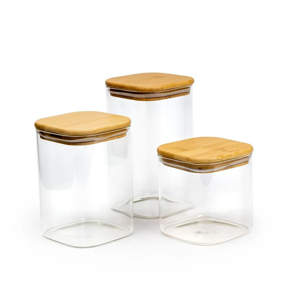 Cuisine Art Square Glass Storage Jars with Bamboo Wood Lids -Set of 3 Transparent Borosilicate Airtight Glass Container, for Storing Kitchen Food, Grains, Coffee Beans, Tea 650 1020 1300ML