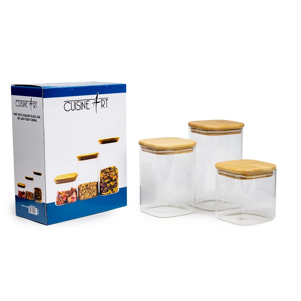 Cuisine Art Square Glass Storage Jars with Bamboo Wood Lids -Set of 3 Transparent Borosilicate Airtight Glass Container, for Storing Kitchen Food, Grains, Coffee Beans, Tea 650 1020 1300ML