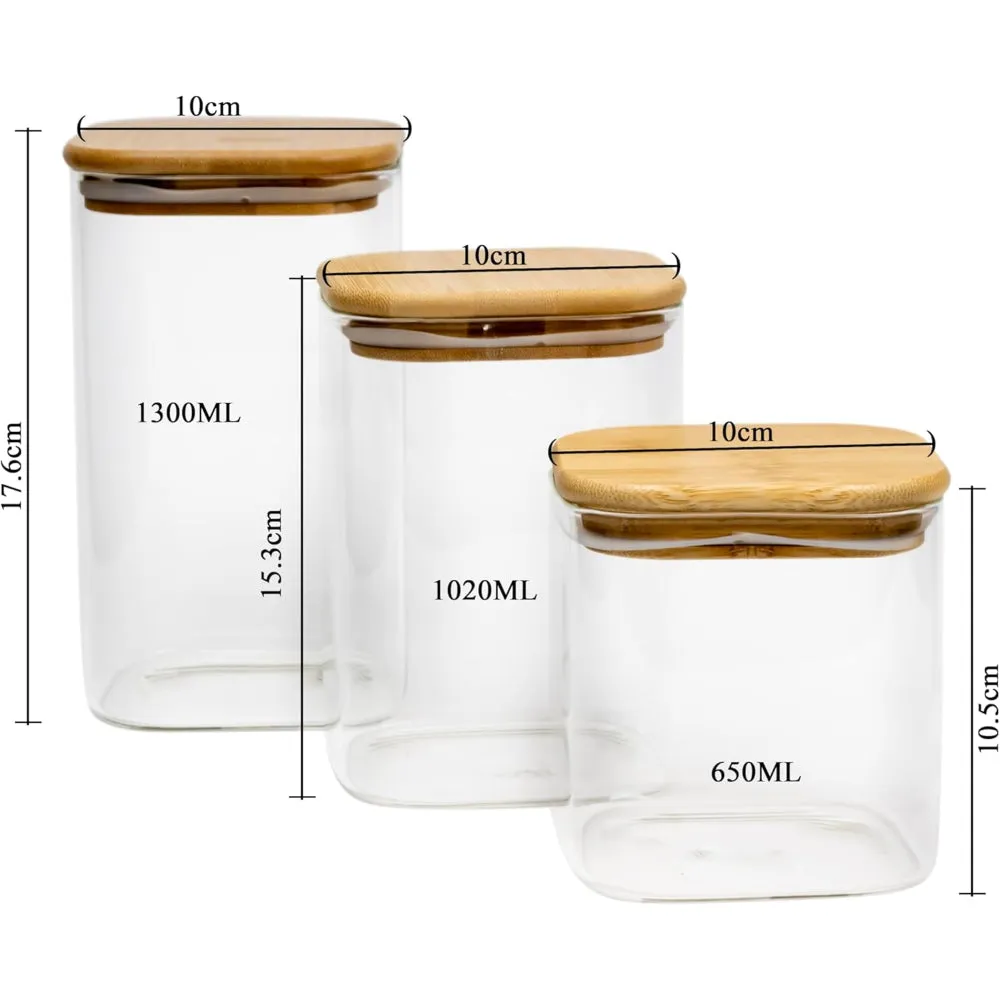Cuisine Art Square Glass Storage Jars with Bamboo Wood Lids -Set of 3 Transparent Borosilicate Airtight Glass Container, for Storing Kitchen Food, Grains, Coffee Beans, Tea 650 1020 1300ML