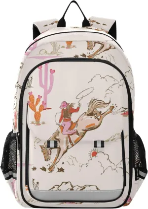 Cute Cowgirl Cowboy Boots Desert Backpack, School Backpack Lightweight Laptop Backpack Students Book Bag and Reflective Stripes