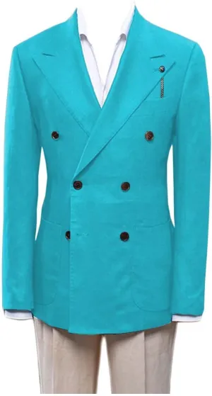 Double Breasted Peak Lapel Blazer Jacket for Men Linen Slim Fit Wedding Business Casual Sport Coats