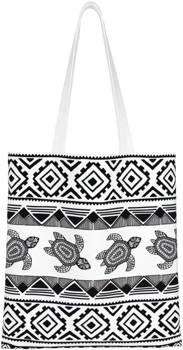 Ethnic Turtle Striped Print Totes, Portable Beach Bag,Reusable Grocery Bags Foldable Shopping With Handlesbags