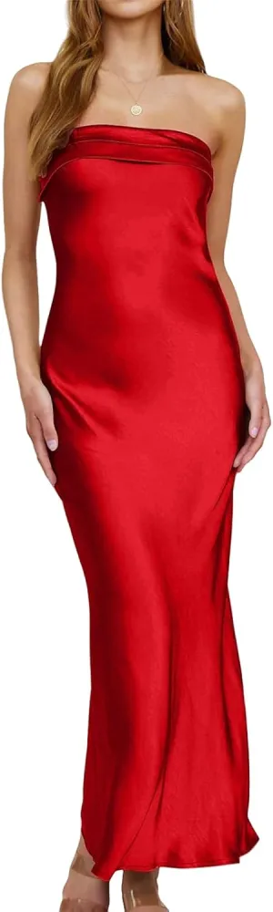 FAHMES Satin Silk White Tube Tops Maxi Dress for Holiday Dresses, Strapless Long Party Dresses Formal Wedding Guest