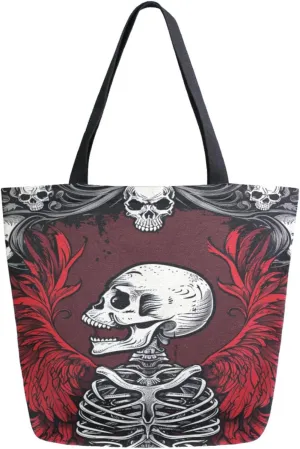 Fashion Extra Large Shoulder Grocery Tote Bag, Gothic Skull Skeleton with Red Wing Canvas Daily Handle Bag for Gym Yoga Weekender Beach Travel Picnic Kitchen Reusable Market Shopping