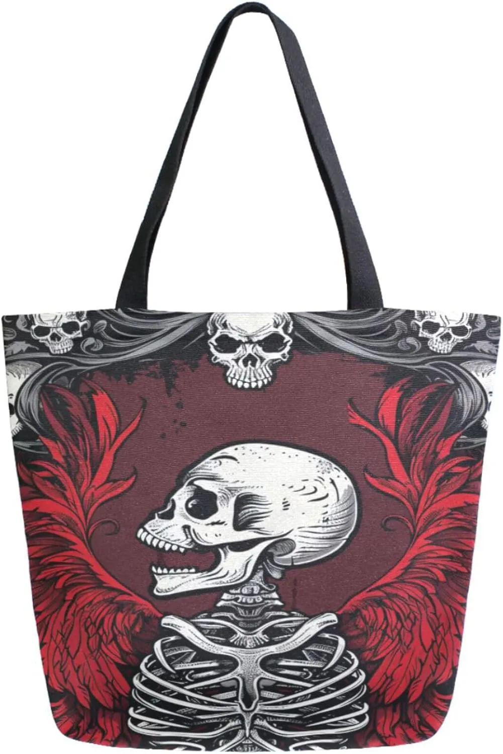 Fashion Extra Large Shoulder Grocery Tote Bag, Gothic Skull Skeleton with Red Wing Canvas Daily Handle Bag for Gym Yoga Weekender Beach Travel Picnic Kitchen Reusable Market Shopping
