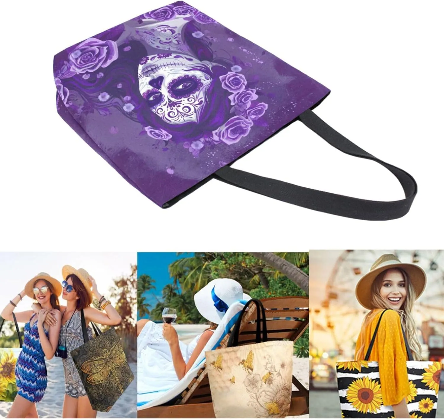Fashion Extra Large Shoulder Grocery Tote Bag, Sugar Skull Makeup Girl Purple Canvas Daily Handle Bag for Gym Yoga Weekender Beach Travel Picnic Kitchen Reusable Market Shopping