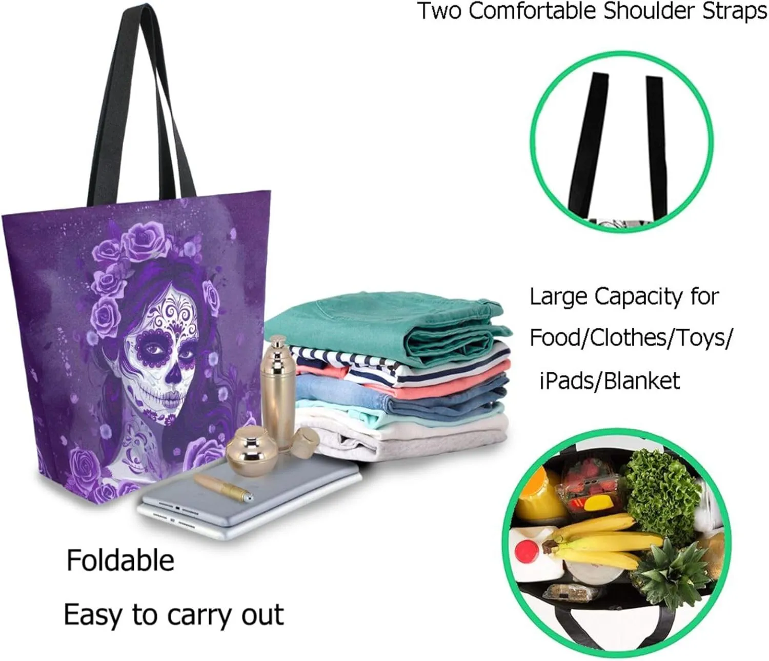 Fashion Extra Large Shoulder Grocery Tote Bag, Sugar Skull Makeup Girl Purple Canvas Daily Handle Bag for Gym Yoga Weekender Beach Travel Picnic Kitchen Reusable Market Shopping