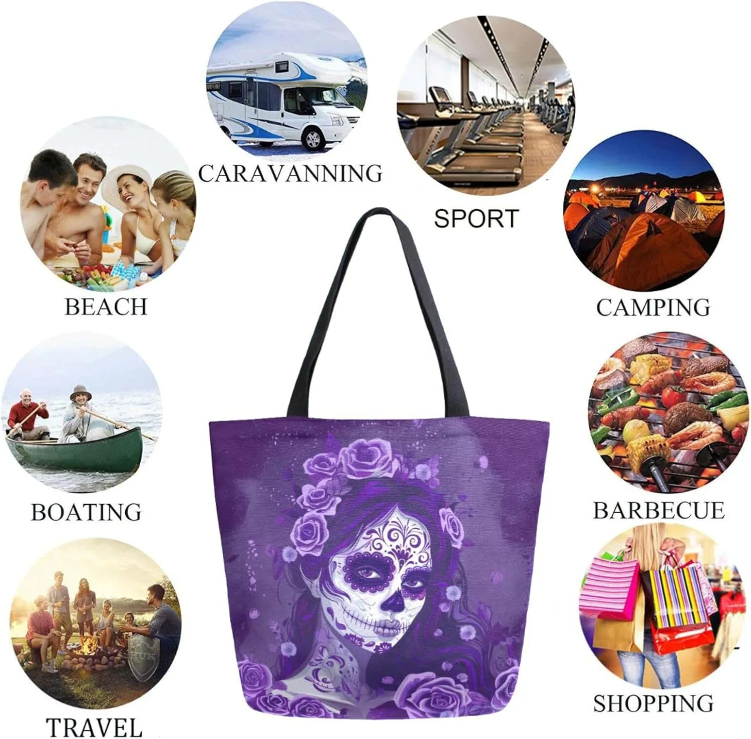 Fashion Extra Large Shoulder Grocery Tote Bag, Sugar Skull Makeup Girl Purple Canvas Daily Handle Bag for Gym Yoga Weekender Beach Travel Picnic Kitchen Reusable Market Shopping