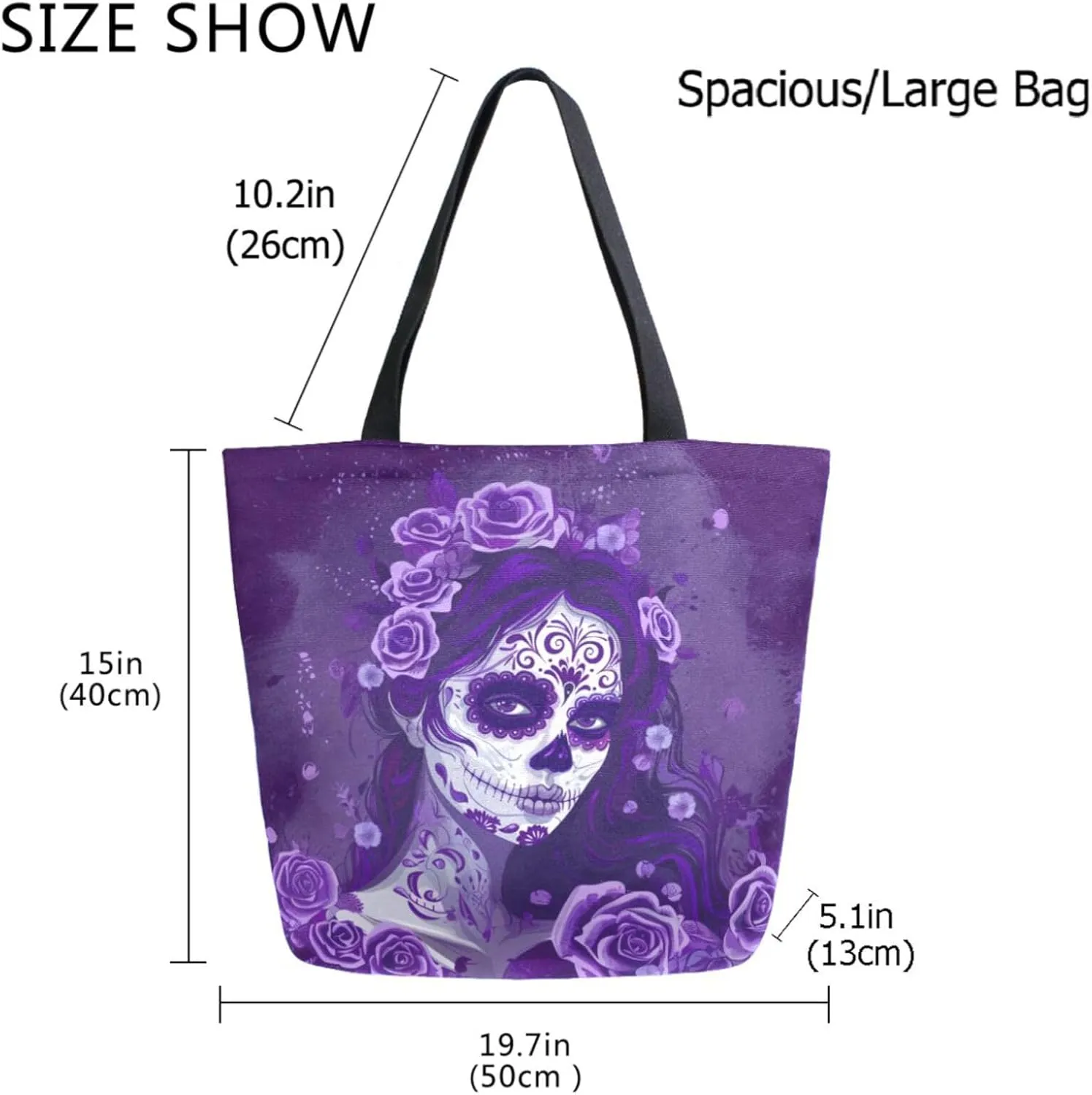 Fashion Extra Large Shoulder Grocery Tote Bag, Sugar Skull Makeup Girl Purple Canvas Daily Handle Bag for Gym Yoga Weekender Beach Travel Picnic Kitchen Reusable Market Shopping