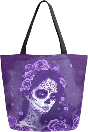 Fashion Extra Large Shoulder Grocery Tote Bag, Sugar Skull Makeup Girl Purple Canvas Daily Handle Bag for Gym Yoga Weekender Beach Travel Picnic Kitchen Reusable Market Shopping