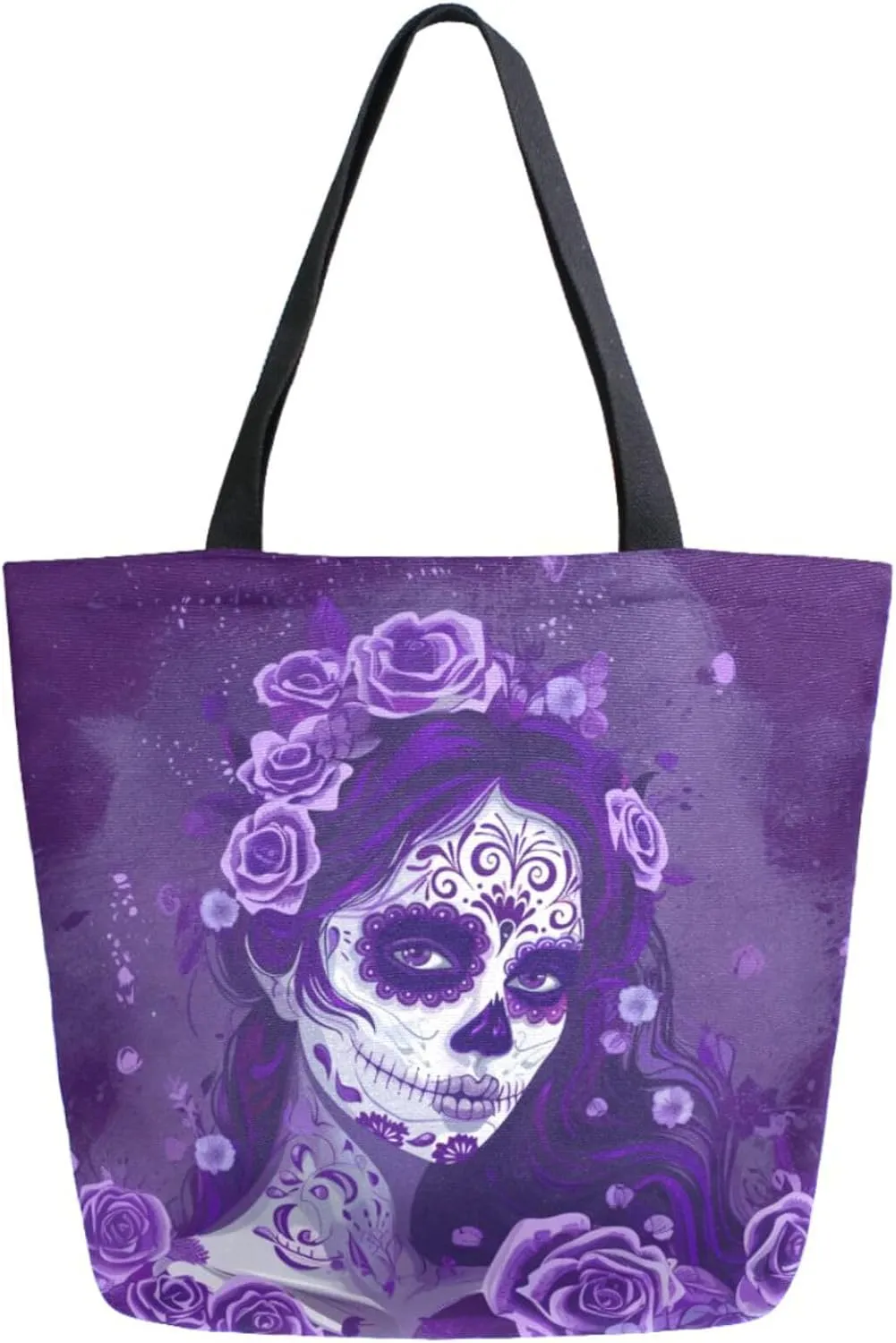 Fashion Extra Large Shoulder Grocery Tote Bag, Sugar Skull Makeup Girl Purple Canvas Daily Handle Bag for Gym Yoga Weekender Beach Travel Picnic Kitchen Reusable Market Shopping