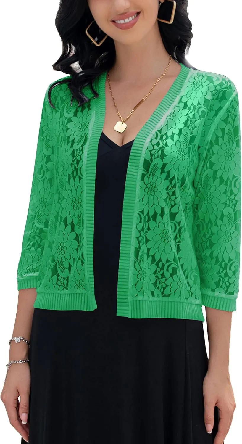 FindThy Women's Floral Lace Shrug Cardigan 3/4 Sleeve Crochet Bolero Jacket