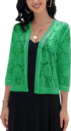 FindThy Women's Floral Lace Shrug Cardigan 3/4 Sleeve Crochet Bolero Jacket