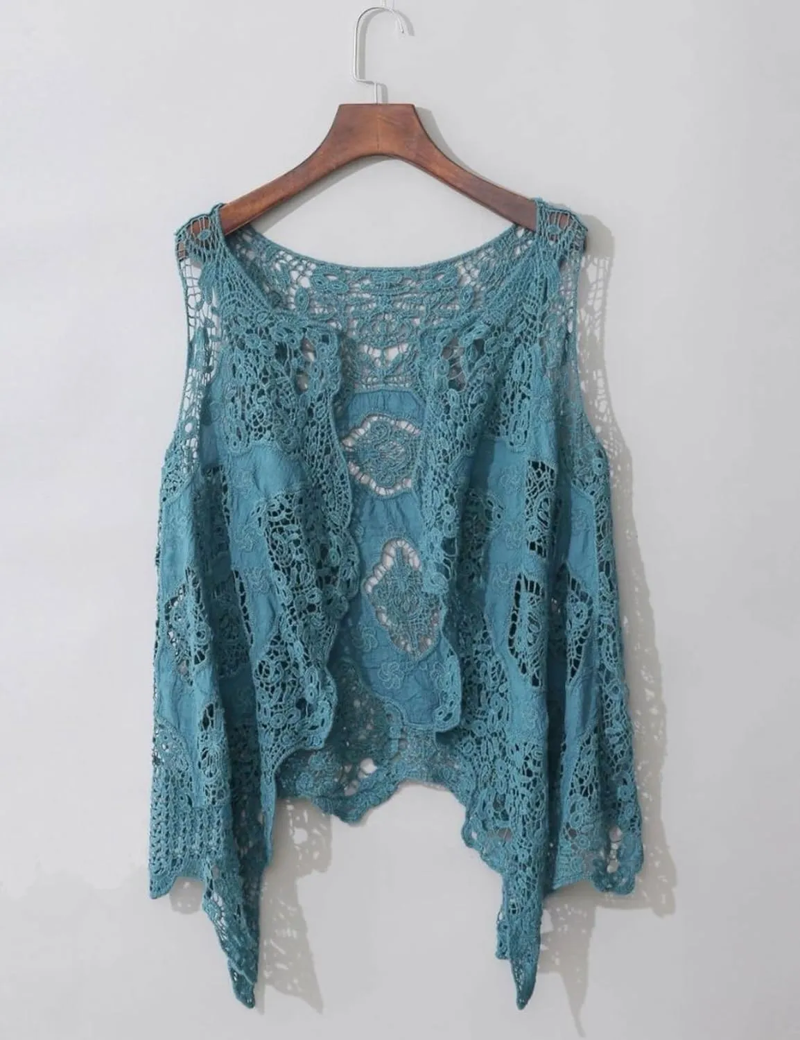 FindThy Womens Hollow Knitting Stitch Cardigan Open Front Draped Boho Hippie Crochet Vest