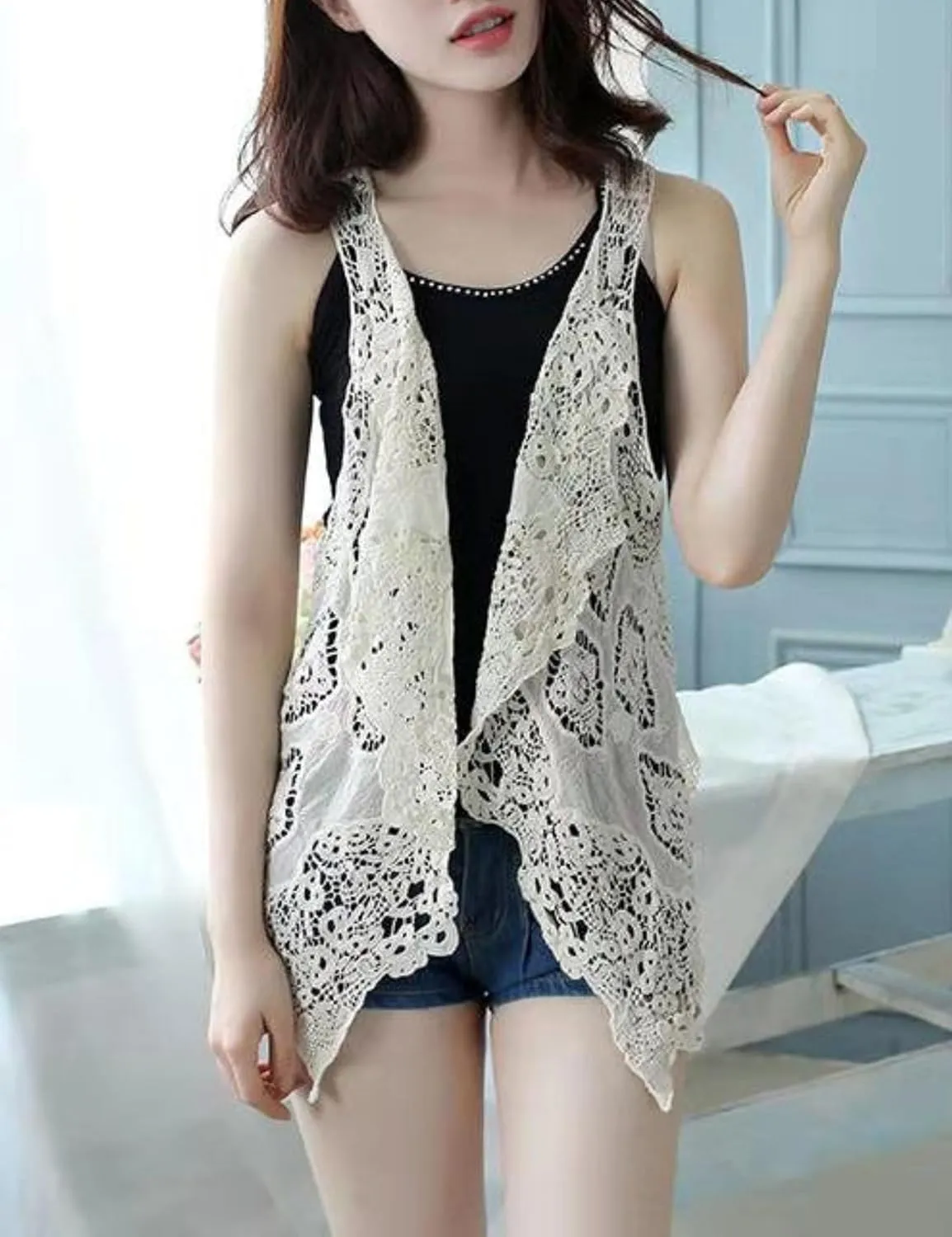 FindThy Womens Hollow Knitting Stitch Cardigan Open Front Draped Boho Hippie Crochet Vest
