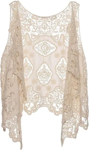 FindThy Womens Hollow Knitting Stitch Cardigan Open Front Draped Boho Hippie Crochet Vest