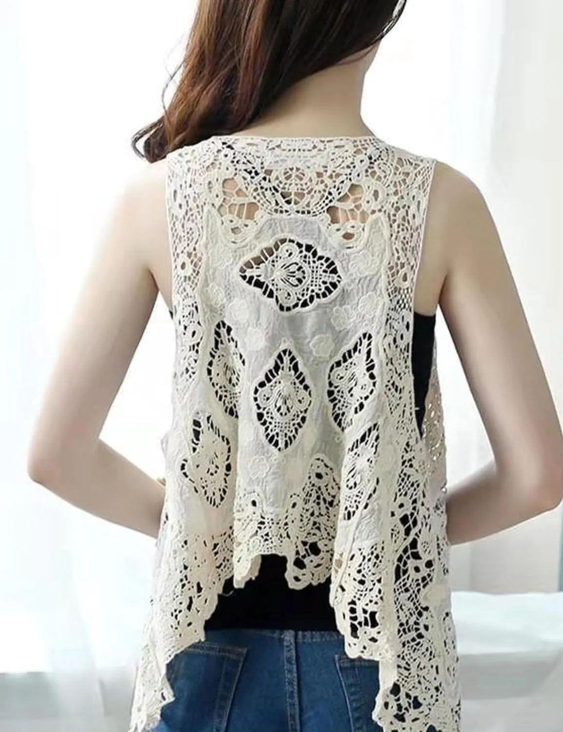 FindThy Womens Hollow Knitting Stitch Cardigan Open Front Draped Boho Hippie Crochet Vest