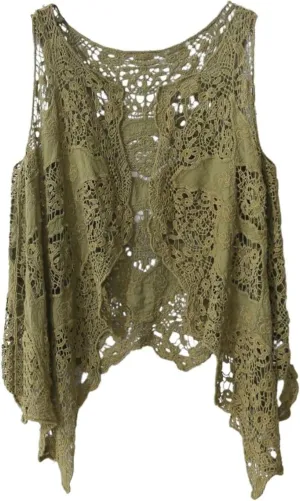 FindThy Womens Hollow Knitting Stitch Cardigan Open Front Draped Boho Hippie Crochet Vest