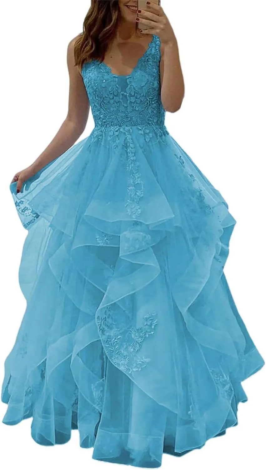 Fluffy Long Tulle Prom Dresses Ruffle Layered Princess Ball Gowns with Laces Applique Formal Evening Dress