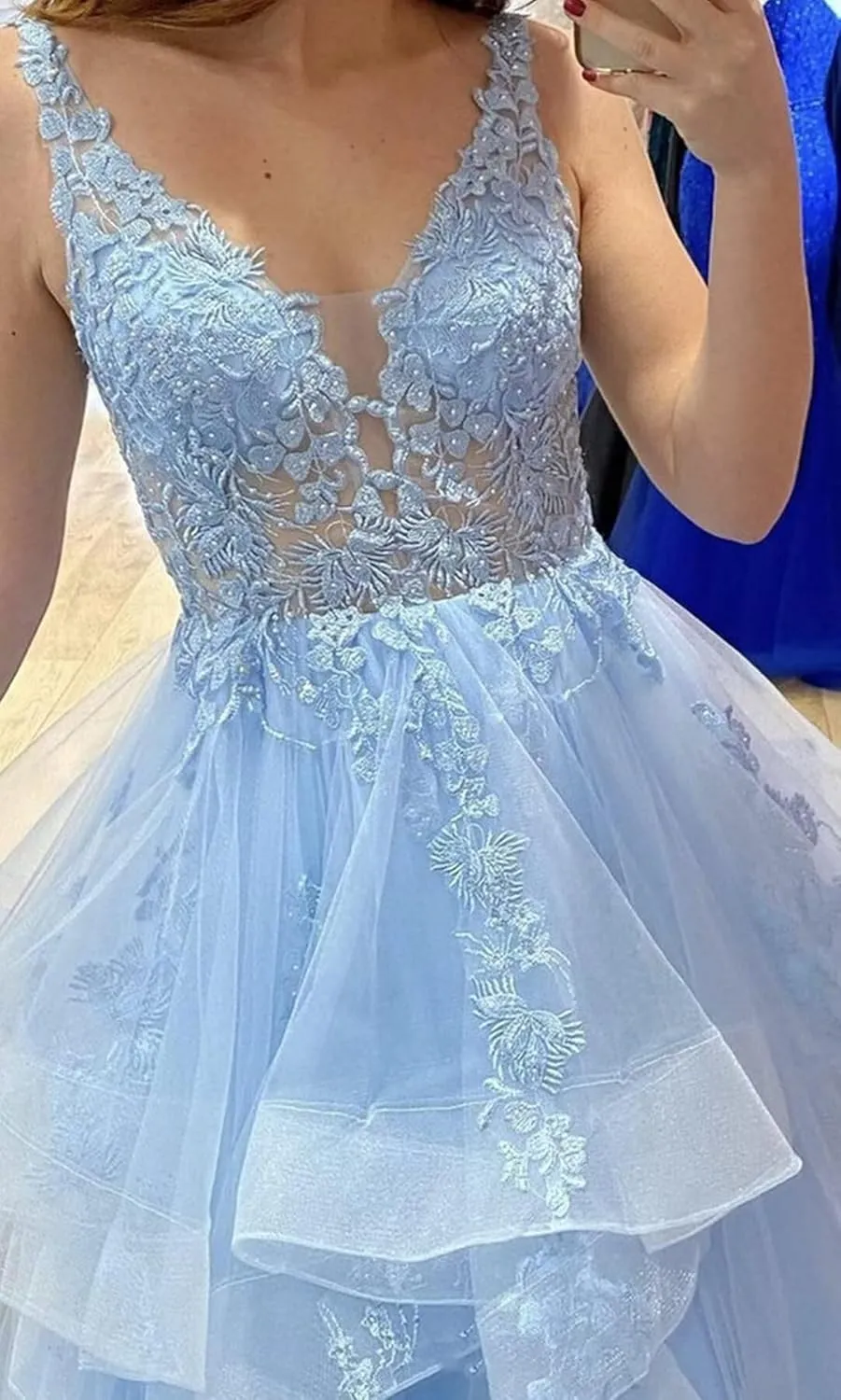 Fluffy Long Tulle Prom Dresses Ruffle Layered Princess Ball Gowns with Laces Applique Formal Evening Dress