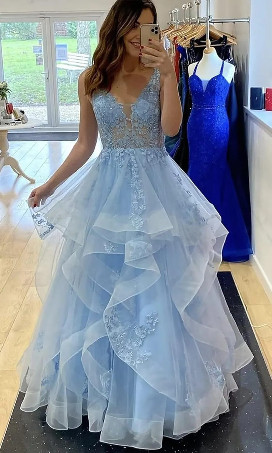 Fluffy Long Tulle Prom Dresses Ruffle Layered Princess Ball Gowns with Laces Applique Formal Evening Dress