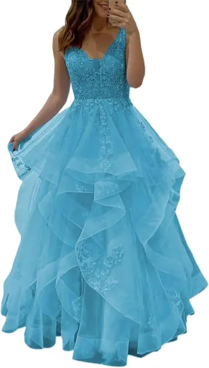 Fluffy Long Tulle Prom Dresses Ruffle Layered Princess Ball Gowns with Laces Applique Formal Evening Dress