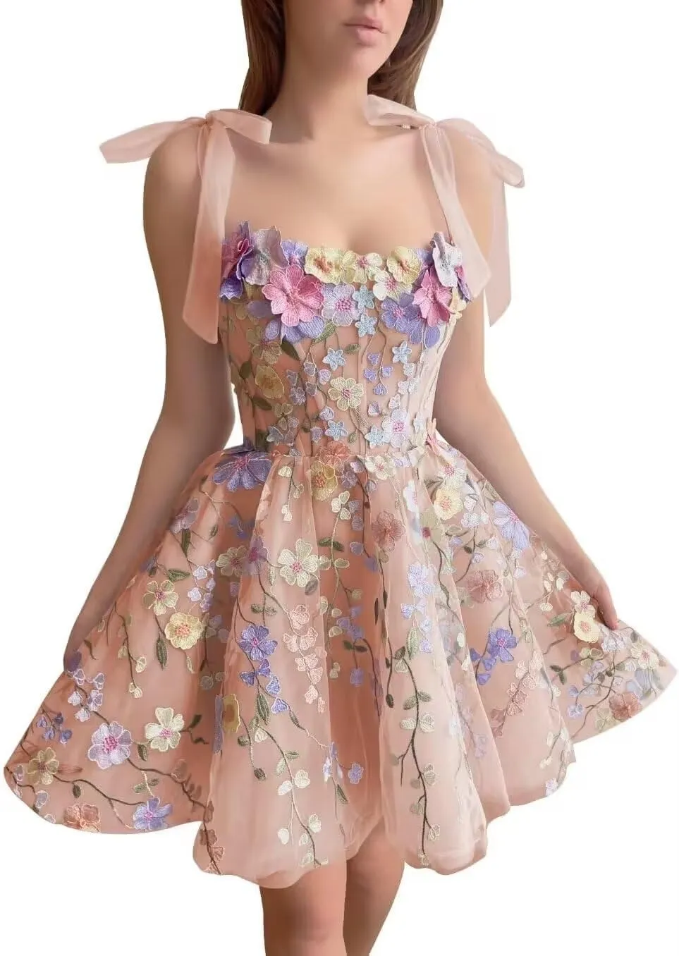 Ftupza Embroidery Short Homcoming Dresses with Pockets A-line Tulle Cocktail Dresses Spaghetti Strap Prom Party Gown