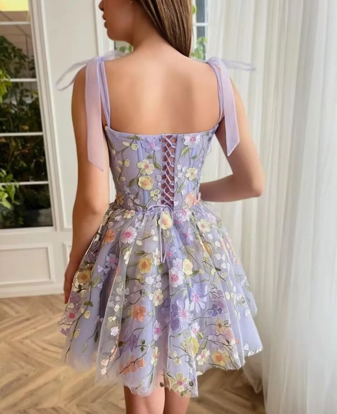Ftupza Embroidery Short Homcoming Dresses with Pockets A-line Tulle Cocktail Dresses Spaghetti Strap Prom Party Gown