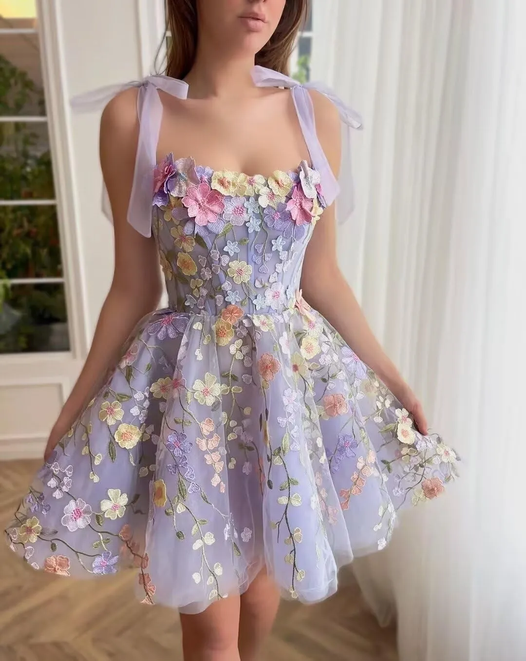 Ftupza Embroidery Short Homcoming Dresses with Pockets A-line Tulle Cocktail Dresses Spaghetti Strap Prom Party Gown