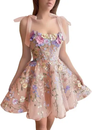 Ftupza Embroidery Short Homcoming Dresses with Pockets A-line Tulle Cocktail Dresses Spaghetti Strap Prom Party Gown