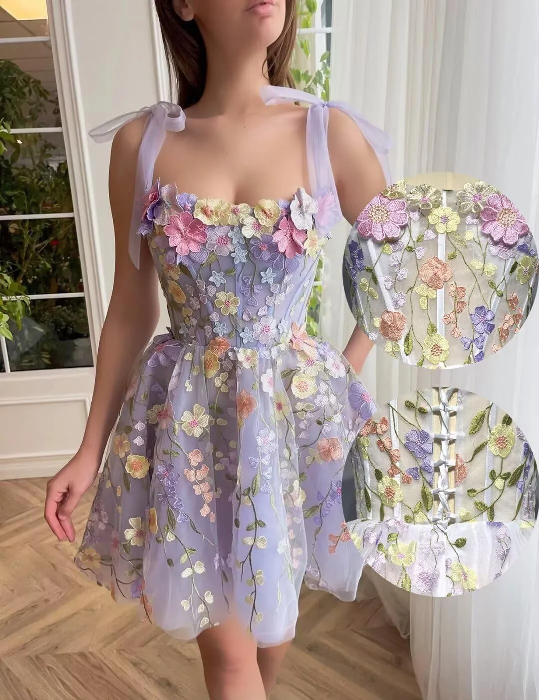 Ftupza Embroidery Short Homcoming Dresses with Pockets A-line Tulle Cocktail Dresses Spaghetti Strap Prom Party Gown