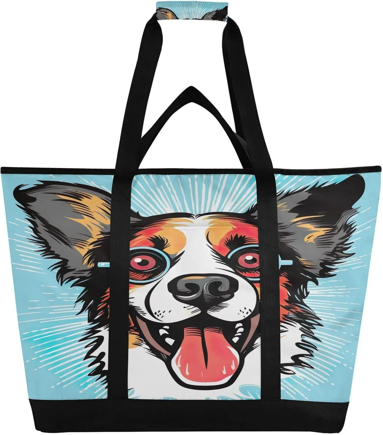 Funny Blue Dog Tote Bag for Women with Zipper Reusable Grocery Bags Foldable Insulated Cooler Bag Totes Shopping Bags Handbags for Groceries Picnic Travel Work Beach