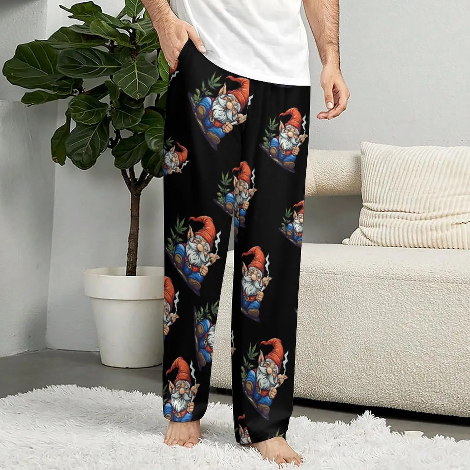 Funny Weed Gnome Pajama Pants with Pockets Print Loungewear Bottoms Soft Sleep Pants for Men Women