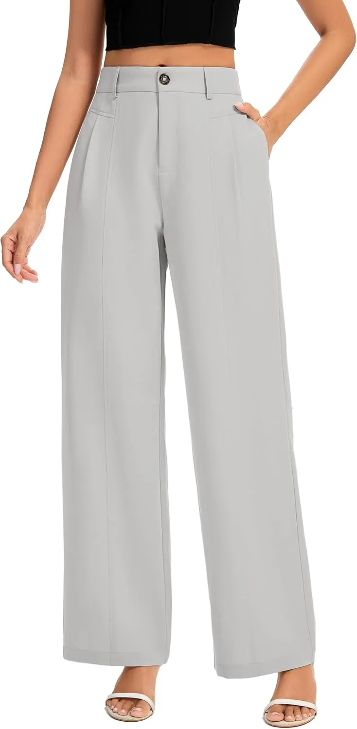 FUNYYZO Women's Long Casual Pants High Waisted Work Pants Dressy Wide Leg Elastic Waist Trousers Pants