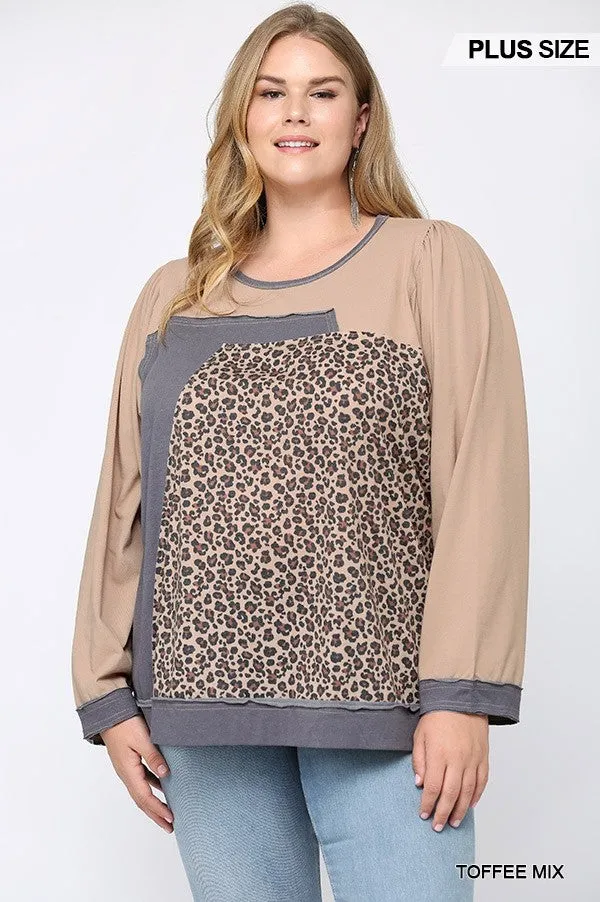 GiGiO Leopard Color Block Loose Fit Top In Toffee MIx Plus