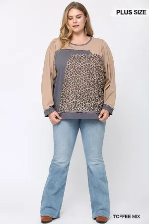 GiGiO Leopard Color Block Loose Fit Top In Toffee MIx Plus