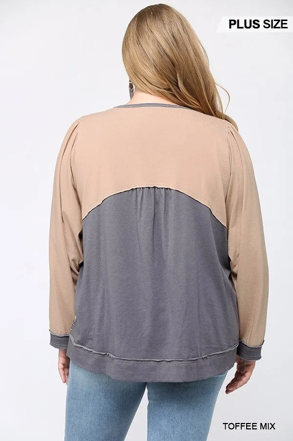 GiGiO Leopard Color Block Loose Fit Top In Toffee MIx Plus