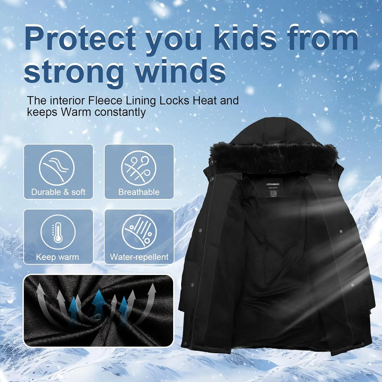 Girl's Winter Coats Kids Waterproof Long Puffer Jacket Thicken Fleece Lined Ski Parka with Detachable Fur Hooded