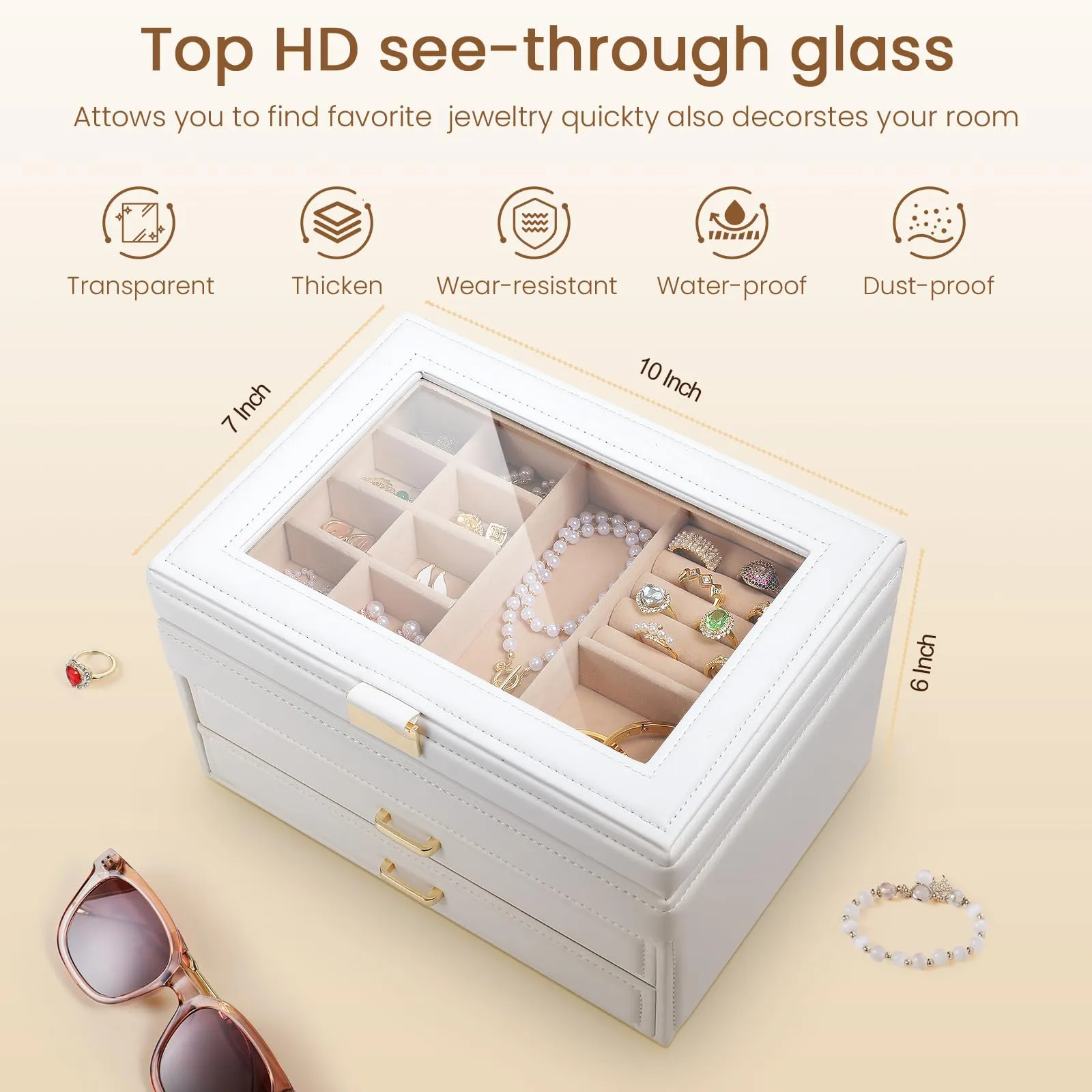 Godboat 3 Layer Jewelry Holder Organizer Box with Glass Lid, 2 Drawer Jewelry Storage, Big and Small Earring Ring Necklace Jewelry Tray for Girls, Valentines Day Gifts for Her
