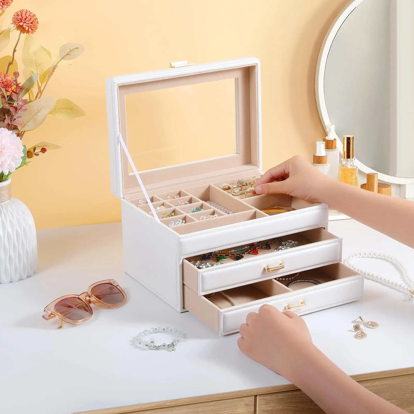 Godboat 3 Layer Jewelry Holder Organizer Box with Glass Lid, 2 Drawer Jewelry Storage, Big and Small Earring Ring Necklace Jewelry Tray for Girls, Valentines Day Gifts for Her