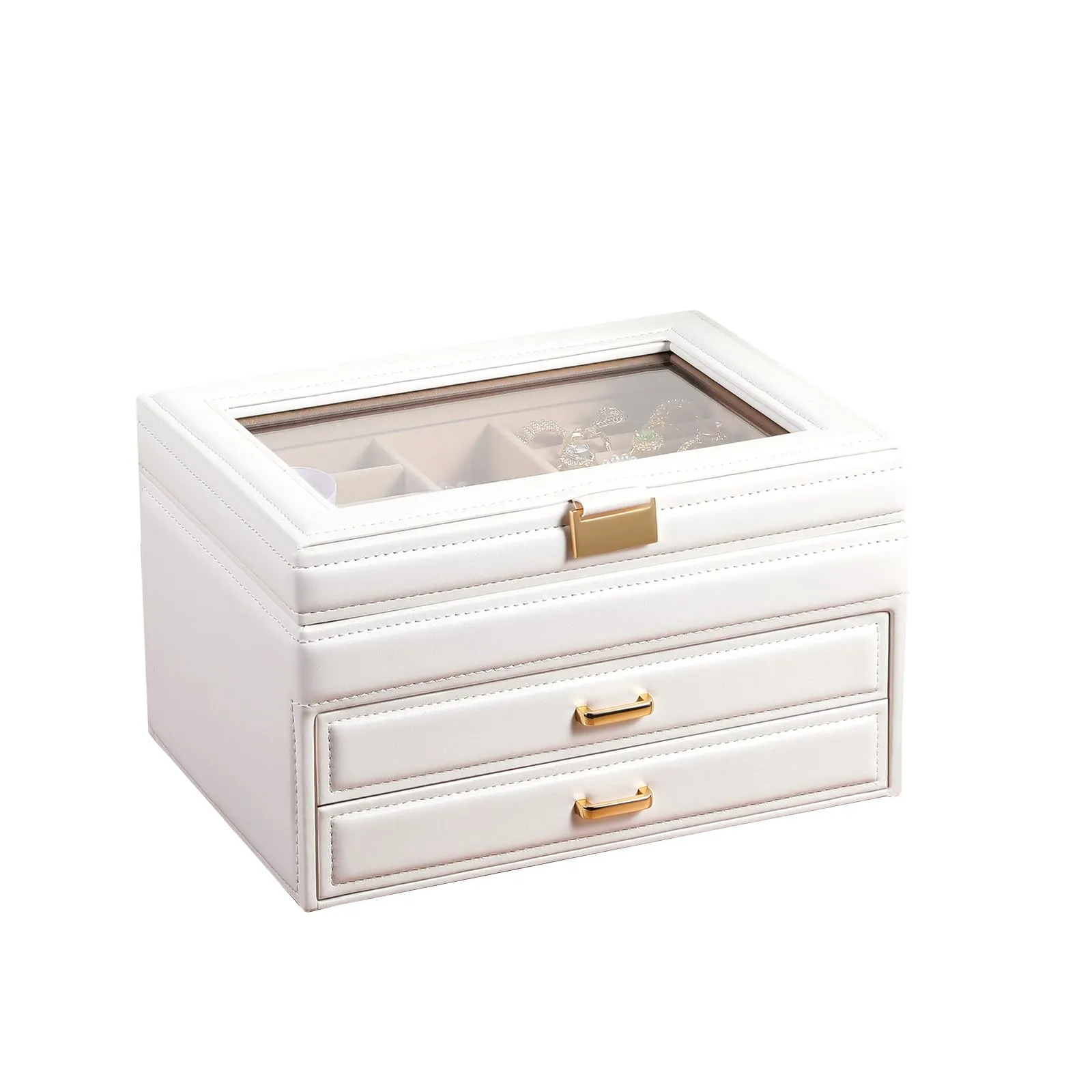 Godboat 3 Layer Jewelry Holder Organizer Box with Glass Lid, 2 Drawer Jewelry Storage, Big and Small Earring Ring Necklace Jewelry Tray for Girls, Valentines Day Gifts for Her