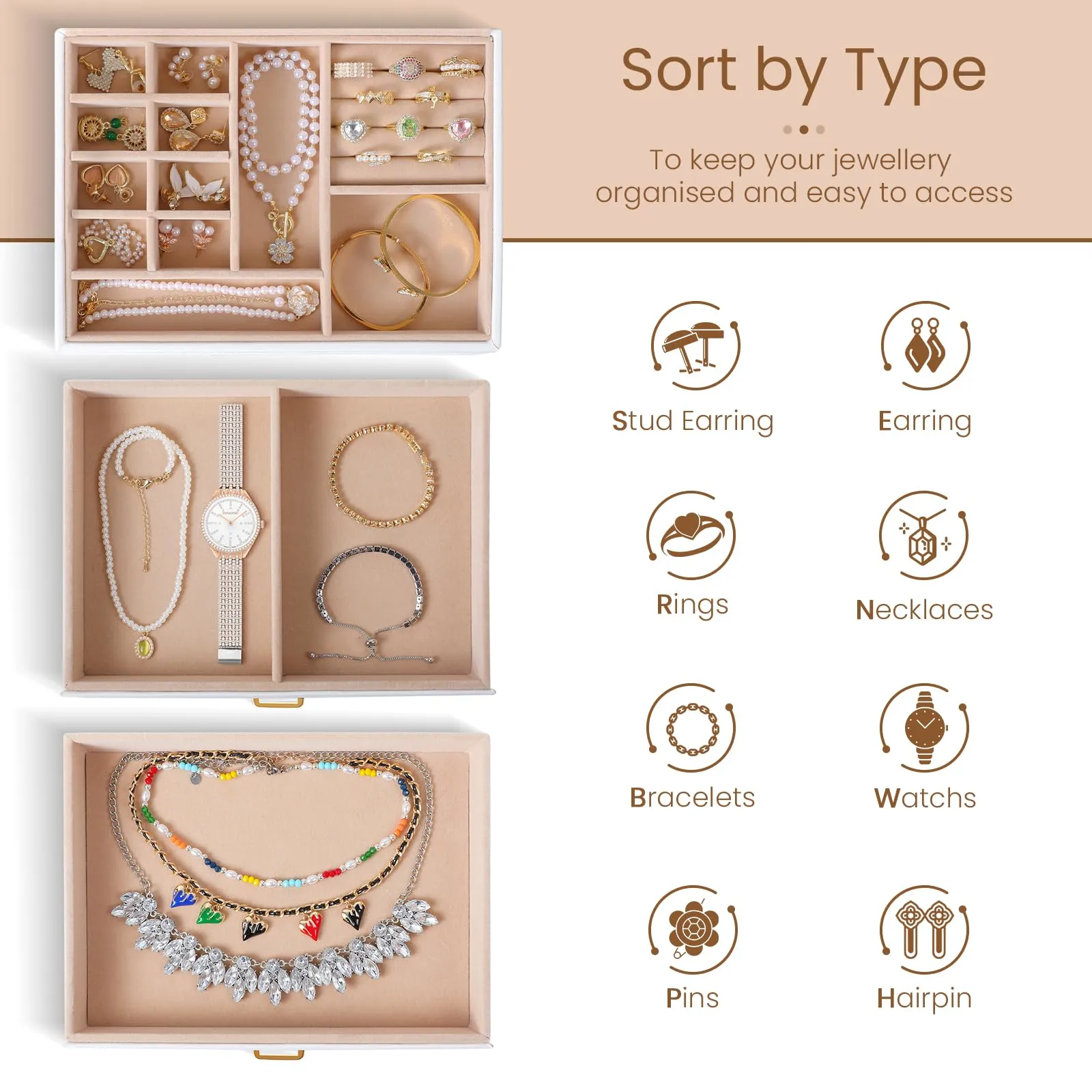 Godboat 3 Layer Jewelry Holder Organizer Box with Glass Lid, 2 Drawer Jewelry Storage, Big and Small Earring Ring Necklace Jewelry Tray for Girls, Valentines Day Gifts for Her